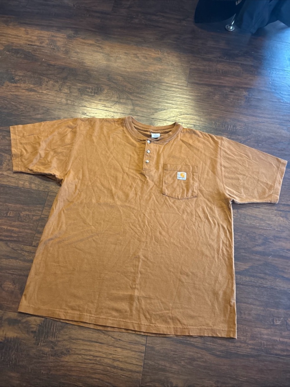 Carhartt Shirt Mens Large Orange Henley Cotton Pocket Logo Workwear Casual